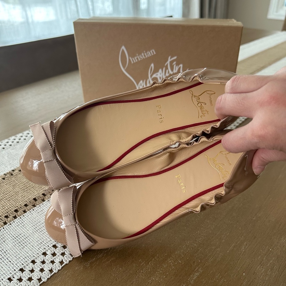 Christian Louboutin Beige Patent Flats with Bow (Size 37)